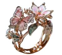 Butterfly Flower Ring,Enamel Butterfly Flower Ring,Size Can Be Changed at Will,Women's Fashion Shiny Flowers Butterflys Rings (Rose Gold-A)