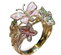 Butterfly Flower Ring,Enamel Butterfly Flower Ring,Size Can Be Changed at Will,Women's Fashion Shiny Flowers Butterflys Rings (Rose Gold-D)