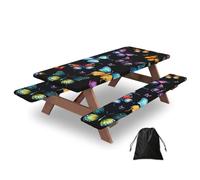 Butterfly - Set di 3 coperture per tavolo da campeggio con protezioni per panche, colorate, elasticizzate, impermeabili, rettangolari, per esterni, set da pranzo con custodia