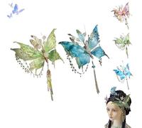Butterfly Tears Tassel Hair Clip, Large Fairy Wing Hair Clips, Butterfly & Beaded Design Hairs Claws, for Party, Cosplay, Photos Shoot (Blue+Green)