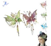 Butterfly Tears Tassel Hair Clip, Large Fairy Wing Hair Clips, Butterfly & Beaded Design Hairs Claws, for Party, Cosplay, Photos Shoot (Green+Pink)