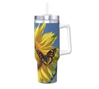 Butterflys On The Sunflowers - Bicchiere da 1180 ml, con manico e cannuccia, isolamento sottovuoto, in acciaio inox, a doppia parete, elegante tazza da caffè da viaggio, supporto per tazza da caffè