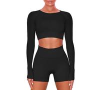 Buttergene Set di allenamento da donna 2 pezzi a maniche lunghe abiti da yoga vestiti da palestra senza cuciture a costine crop top leggings a vita alta, Pantaloncini neri., Small