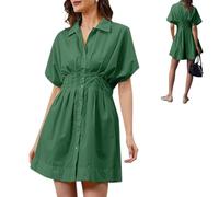 Button Front Pleated Stripe Short Sleeve,Womens Summer Dresses Casual,Mini Shirt Dresses with Pocket (Dark Green, L)