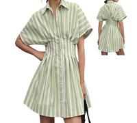 Button Front Pleated Stripe Short Sleeve,Womens Summer Dresses Casual,Mini Shirt Dresses with Pocket (Green, S)