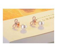 Button Stud Earrings，Fashion Bowknot Shiny Zircon Pearl 925 Stud Earrings Female Jewelry/Rose