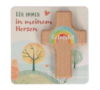 Butzon & Bercker Handschmeichlerkreuz 6 x 4 cm - farbig bedrucktes Kinderkreuz aus Buchenholz, Lieferung auf Backcard, folienfrei verpackt