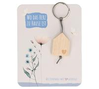 Butzon & Bercker Holz-Schlüsselanhänger 10,5 x 3 cm - aus unbehandeltem Eichenholz mit Herz-Lasergravur, graues Lederband, Lieferung auf Backcard mit warmer Botschaft