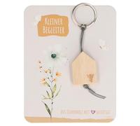 Butzon & Bercker Holz-Schlüsselanhänger Kleiner Begleiter 10,5 x 3 cm - aus unbehandeltem Eichenholz mit Engel-Lasergravur, graues Lederband, Lieferung auf Backcard mit Zuspruch