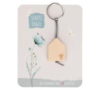Butzon & Bercker Holz-Schlüsselanhänger Schutzengel 10,5 x 3 cm - aus unbehandeltem Eichenholz mit Engel-Lasergravur, graues Lederband, Lieferung auf Backcard mit tröstlichem Spruch