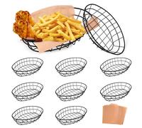BUWUSMU 8 cestini per il pane in filo metallico, 24 x 15 x 5,6 cm, ovali, per servire frutta, cestini, con 50 fogli di carta per cucina, tavolo, fast food, hamburger