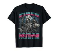 Buy A Man Eat Fish Funny Meme Bootleg Skeleton Parody Maglietta