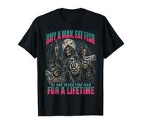 Buy A Man Eat Fish Funny Meme Bootleg Skeleton Parody Maglietta