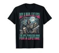 Buy A Man Eat Fish Funny Meme Bootleg Skeleton Parody Maglietta