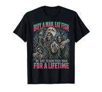 Buy A Man Eat Fish Funny Meme Bootleg Skeleton Parody Maglietta