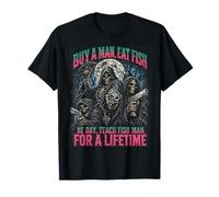 Buy A Man Eat Fish Funny Meme Bootleg Skeleton Parody Maglietta