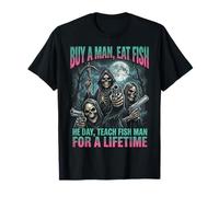 Buy A Man Eat Fish Funny Meme Bootleg Skeleton Parody Maglietta