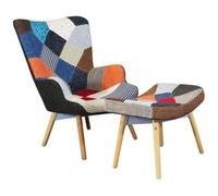 buybuy SET 2 Poltrone serie Picasso in legno con seduta in spugna ricoperta con stoffa in stile patchwork, piedi in legno di faggio e metallo + poggiapiedi nello stesso stile