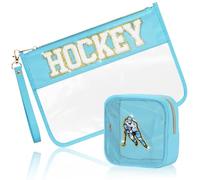 BuyCard 2 borse da viaggio in ciniglia trasparenti, in PVC e nylon, con cerniera, impermeabili, trasparenti, da viaggio, per donne e ragazze, HOCKEY-Blu Ghiaccio, Preppy Varsity