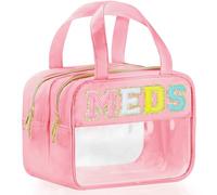 BuyCard Beauty case in ciniglia trasparente con lettere per viaggi, in nylon e PVC, con manici e cerniera, impermeabile, grande, trasparente, per donne e ragazze, Rosa-MEDS, Preppy Varsity