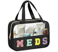 BuyCard Borse da viaggio trasparenti in ciniglia con lettere applicate, in PVC e nylon, con manico e cerniera, impermeabile, grande, trasparente, per donne e ragazze, MEDS-Nero, Carino, Preppy