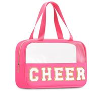 BuyCard Borse da viaggio trasparenti in ciniglia con lettere applicate, in PVC e nylon, con manico e cerniera, impermeabile, grande, trasparente, per donne e ragazze, Rosa rosso-Cheer, Doppio manico