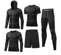 BUYJYA - Set di 5 Indumenti a Compressione da Uomo, con Pantaloni, Pantaloncini, Maglietta, Maglia a Maniche Lunghe e Felpa, per Atletica, Palestra e Allenamento, Nero, X-Small