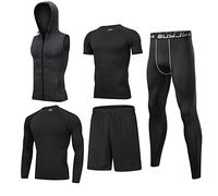 BUYJYA - Set di 5 Indumenti a Compressione da Uomo, con Pantaloni, Pantaloncini, Maglietta, Maglia a Maniche Lunghe e Felpa, per Atletica, Palestra e Allenamento, Small
