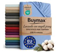 Buymax® Lenzuolo con Angoli per Topper Matrimoniale King Size 200x200 cm - 100% Cotone Jersey, Azzurro, per Materassi fino a 12 cm di Altezza