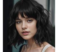 BUYOGET Parrucca a caschetto ondulata con frangia, capelli sintetici, lunghezza alle spalle, 30,5 cm, parrucca corta e riccia, da donna, colore nero naturale