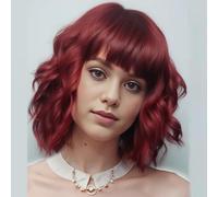 BUYOGET Parrucca a caschetto ondulata con frangia, capelli sintetici, lunghezza spalla 30,5 cm, parrucca corta e riccia da donna, colore rosso vino naturale