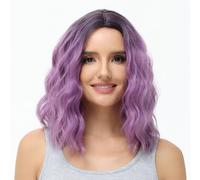 BUYOGET Parrucca corta media ondulata parrucca realistica naturale del cuoio capelluto anteriore del merletto sintetico regolabile lunghezza delle spalle parrucche ricci per le donne Ombre viola