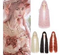 BUYOGET Parrucca lunga ondulata riccia rosa chiaro per le donne Halloween Cosplay Party parrucca con frangia 100 cm
