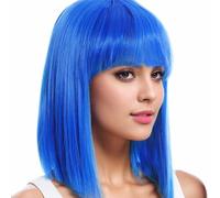 BUYOGET Parrucche a caschetto blu con frangia piatta, 33 cm, taglio smussato, parrucca da donna, per cosplay, feste in costume