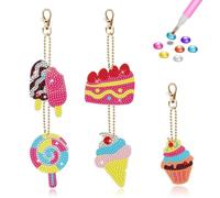Buysow 5 Pezzi Portachiavi con Pittura Diamante, Portachiavi con Motivo di Dessert per Bambini Ragazza, Set di Diamond Painting per Regalo DIY