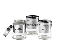 BuyStar Tris Set 3 BARATTOLI, Porta Sale, Zucchero, caffè, Set BARATTOLI in Vetro e Acciaio Inox, Tris Barattoli 750ml