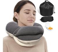 BUYUE Cuscino cervicale da viaggio per aerei, poggiatesta a 360° per voli lunghi, kit con maschera contorno occhi 3D, tappi per le orecchie e custodia (adulti, grigio, 45 kg+)
