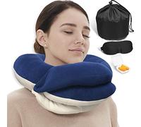 BUYUE Cuscino cervicale da viaggio per aerei, poggiatesta a 360° per voli lunghi, kit con maschera contorno occhi 3D, tappi per le orecchie e custodia (adulti, blu, 45 kg+)