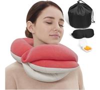 BUYUE Cuscino da viaggio per il collo per aerei, supporto per la testa a 360° per dormire durante i voli lunghi, kit con mascherina per gli occhi con contorno 3D, tappi per le orecchie e sacchetto per