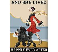 Buywell Simpatico cartello in metallo con cane barboncino e lei viveva felici e contenti dopo la decorazione poster da parete in latta con cartello in metallo, 20 x 30 cm