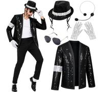 Buyzzus Costume Pop da uomo, 5 pezzi, anni '80 e '90, costume da cosplay, per adulti, con paillettes, giacca, cappello, guanti, costume Pop King per Halloween e carnevale