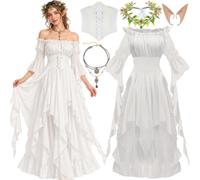 Buyzzus Costume rinascimentale, 5 pezzi, con abito medievale bianco, fascia per capelli, orecchie da elfo, corsetto, collana, costume da elfo per feste di Halloween