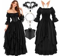 Buyzzus Costume rinascimentale, 5 pezzi, con abito medievale nero, fascia nera, orecchie da elfo, corsetto, collana, costume da elfo per feste di Halloween