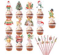 Buziba 24 Decorazioni per Cupcake Natalizie con Cannucce di Carta - Albero, Pupazzo di Neve, Bastoncini per Torte - Accessori per Feste di Natale