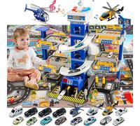 BuzzoXerex 5 Piani Garage Mmacchine per Bambini, Parcheggio Macchinine con 14 Autos e 2 Elicottero, Giocattolo Auto Garage con Ascensore e Rampe, Idea Regalo per Bambini 5 6 7 8 9 Anni (Polizia)