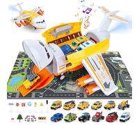 BuzzoXerex Aereo da Trasporto Cargo, Aeroplano Giocattolo con Luci e Suoni, Aerei Trasportatore Set con 12 Pezzi Macchinine per Bambini, Giocattolo Educativo, Regali per Ragazzi e Ragazze (Giallo)