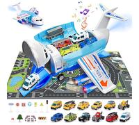 BuzzoXerex Aereo da Trasporto Cargo, Aeroplano Giocattolo con Luci e Suoni, Aerei Trasportatore Set con 12 Pezzi Macchinine per Bambini, Giocattolo Educativo, Regali per Ragazzi e Ragazze (Blu)