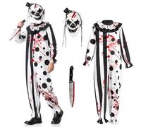 BuzzoXerex Art the Clown Costume Bambino, Costume da Clown Horror Bambini Costume Terrifier Bambino con Tuta Bianca Nera e Maschera, Art the Clown Mask, Coltello Giocattolo per Halloween Carnevale (L)