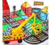 BuzzoXerex Costruzioni Magnetiche, 70 Pezzi di Tessere Magnetiche per Tematici il Trasporto Urbano, Magneti Bambini con Gru Telescopica, Giochi Magnetici per Bambini di 3 4 5 Anni