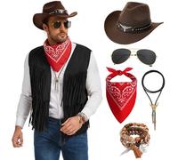 BuzzoXerex Costume Cowboy Uomo, 9 Pezzis Gilet Cowboy Uomo Kit con Cappello, Collana, Bracciale, Sciarpa Costume Western per Carnaval, Jeux de Déguisement (Nero, XL)